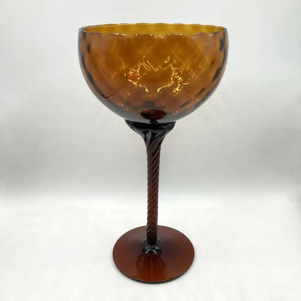 Vintage Empoli Handblown Amber Optic Compote Dish Vase Twisted Stem 11 3/8